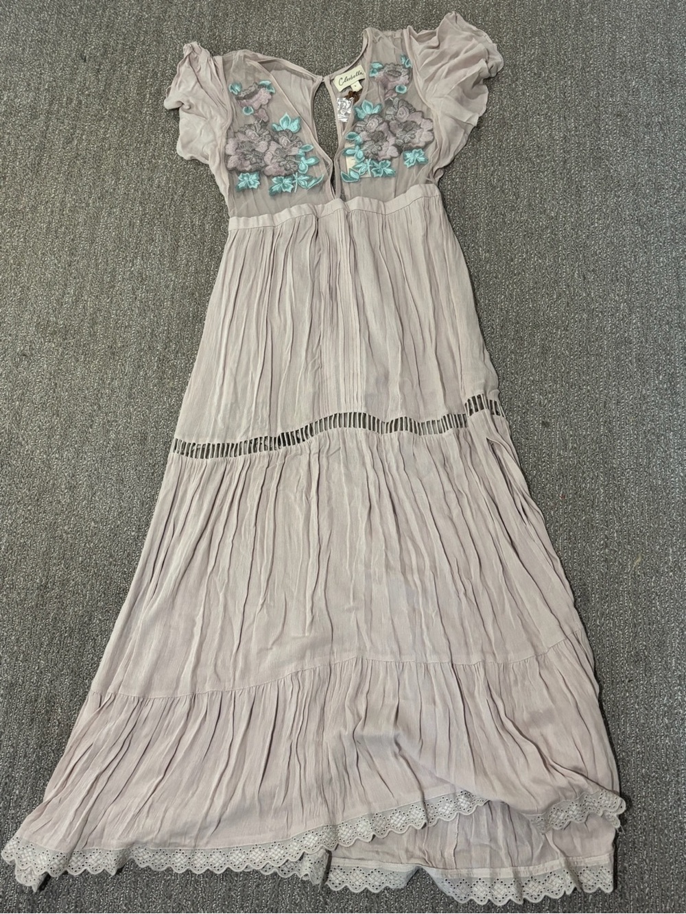 Cleobella Lavender Maxi Dress with Aqua Floral Embroidery